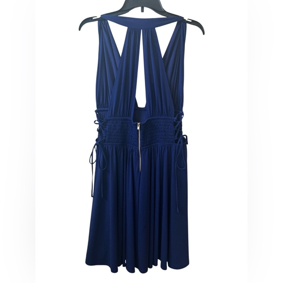 Express Navy Blue Plunge V-Neck Lace Up Midi Dress Size Medium - Picture 3 of 5